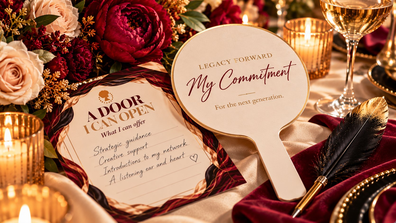 A cream paddle reading ‘Legacy Forward — My Commitment — For the next generation’ beside an ‘A Door I Can Open’ card, among burgundy peonies, candlelight and a black feather pen.